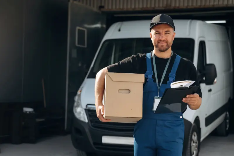 Zusteller mit Paket und Klemmbrett vor einem weißen Lieferwagen